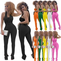 Women's Fashion Solid Color Splicing Casual Sleeveless Tie Jumpsuit HM6617