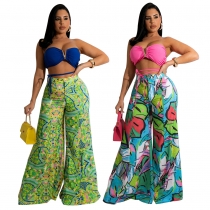 V-neck tube top printed wide leg trousers fashion casual women's suit MM2165