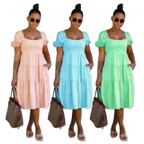 Fashion Lace Up Bow Dress Women's High Waist Short Sleeve Mid Skirt MM2170