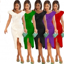 solid color short sleeve long dress L0375