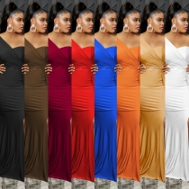 Fashion Solid Color Party Tight One Shoulder Sleeve Dress Long Skirt Women X5819