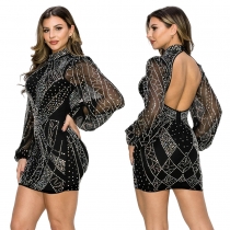 Sexy revealing backpack hip A-line hot diamond dress spring and summer new perspective long-sleeved hanging neck women's clothing CY9859