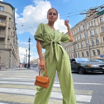 French Casual Puff Sleeve Shirt Suit Women Loose High Waist Wide Leg Pants Green TZ10225H