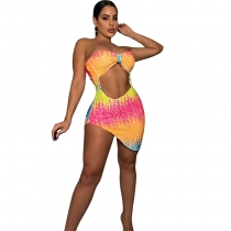 Sexy Nightclub Skinny Cutout Irregular Tube Top Colorful Sequin Dress M7522