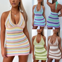 Knit Dress Sexy Striped Short Skirt High Elastic Halter Strap Reveal Backpack Hip Skirt SU2770