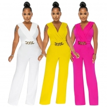 Fashion Women's Solid Color Loose Slim Fit Casual Sleeveless Jumpsuit with Belt D1458 
