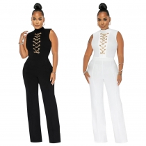 Women's Sexy Solid Color Sleeveless Stand Collar Round Neck One Piece Wide Leg Pants D1459
