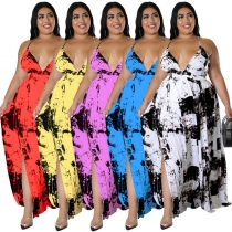 Plus Size Women's Sling Backless Ink Painting Print Dress MY966