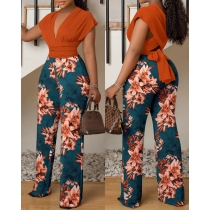 Plus Size Women's Suit Printed Short Sleeve Trousers Two Piece Set XYL2135