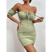 Sexy Wrap Breast Dress One-Line Neck Tie Pleated Hip Skirt ZY2180903