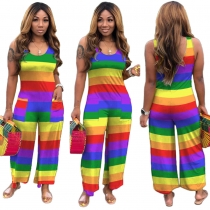 Plus Size Casual Fashion Rainbow Striped Loose Jumpsuit SH7181