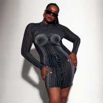 Nightclub Sexy Babes Mesh Perspective 3D Printed Striped Slim Dress K22D17865