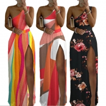 Women's High Waist Sexy Printed Slit One Shoulder Dresses Dresses OYM5858