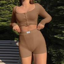 Basic Casual U-Neck Open Button Shorts Suit High Waist Stretch Long Sleeve Two Piece Set JY22264