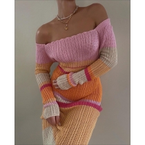 Off-the-shoulder cut-out beach long-sleeve knitted striped dress FQ0501