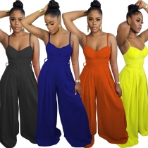 Fashion sexy solid color suspenders wide leg jumpsuit jumpsuit with belt WY6886