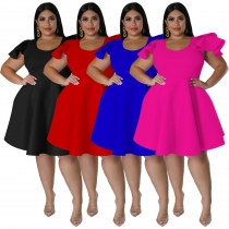 Plus Size Women's Solid Color Ruffle Dress Midi Skirt 2 Real Pockets QM4465
