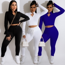 Fashion casual solid color v-neck zipper straps slim long-sleeved trousers sports two-piece set SM9273