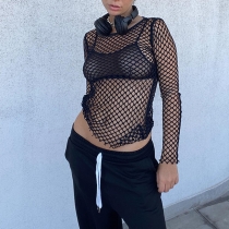 Solid Color Round Neck Pullover Long Sleeve Fishnet Cutout Top T-Shirt Q22TP176