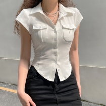 Fashion Solid Color Temperament Lapel Pocket Breasted Slim Fit Slim Short Sleeve Shirt Top NW23365
