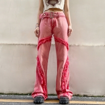 Low-rise denim flared trousers with metal waist buttons NW23446
