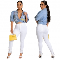 Trendy Personality Slim Straight Single-Breasted Printed Cannonball Short Denim Top YF200036