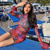 Long Sleeve Statement Tie Dye Abstract Print Fitted Dress D269167W