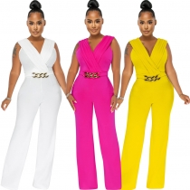 Sexy fashion solid color V-neck white-collar women's jumpsuit SMR10030