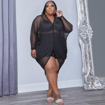 Plus Size Women's V-Neck Button Sexy Mesh Skirt See-Through Outer Dress AQ19428