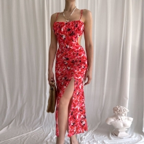 Fashion Floral Backless Lace-Up Slim Slit Sling Dress D269182A