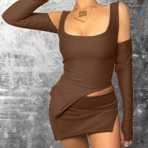 Fashion U Neck Backless Top Slim Fit Slit Skirt Set S279611A