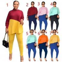 Long Sleeve Round Neck Loose Casual Colorblock Sweater Pennies Two Piece Set M7632