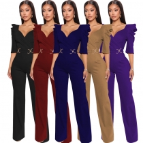 Sexy Fashion Solid Color Three-quarter Sleeve V-Neck Women's Jumpsuit SMR10805