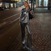 Hot Silver Glitter Shirt Street Hipster Style Long Sleeve Top XY22012