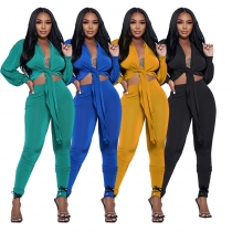 Solid Color Cardigan Tie Knot Long Sleeve Women's Two-piece Fashion Casual Tight Pants Set SSN211108
