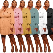 Solid Color Round Neck Single Breasted Women's Blouse Plus Size Women's Long Sleeve Pleated Dress SSN211233