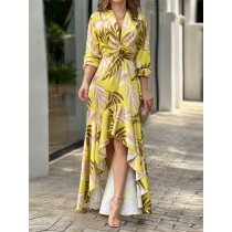 Temperament printed V-neck high-waisted long-sleeved dress long skirt HK8713