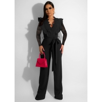 Fashion Sexy Business Slim V-Neck Lace Perspective Jumpsuit MZ2761