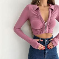 Knitted lapel pleated long sleeve top Autumn women's sexy open navel short slim t-shirt YY22300