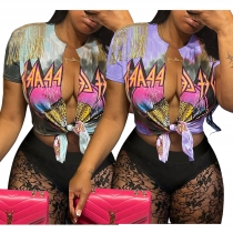 Casual women's street fashion print tassel slit T-shirt lace see through shorts two-piece set SD2109