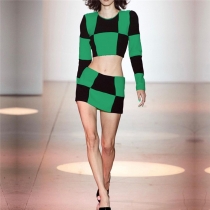 Printed Contrast Checkerboard Long Sleeve Skinny Casual Skirt Set K22S21521