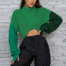 Fashion contrast color stitching long-sleeved street shot knitted turtleneck loose casual sweater W22L21646