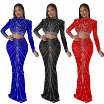 Perspective hot drilling evening dress sexy nightclub style two-piece set CY900136
