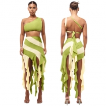 Street Fashion Diagonal Shoulder Personality Tassel Splice Contrast Irregular Dress Set K22S21449