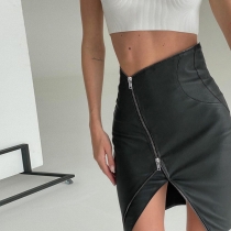 Double zipper leather slim bag buttocks skinny characteristic short skirt YL22320