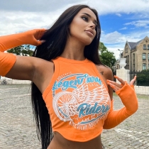 Women's fashion printing dirty orange hot girl wrapped chest sleeve two-piece top T289989G