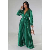 Fashion Pleated Heat Setting Solid Sexy V-Neck High Waist Wide Leg Jumpsuit Y1198