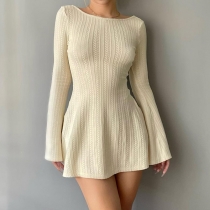 Women's U-shaped backless sexy slim solid micro flare long sleeve knitted dress LQWHD28473