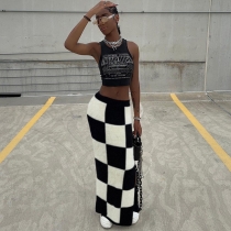 Women's fashion high waist slim slit hip bag checkerboard skirt W22J20813