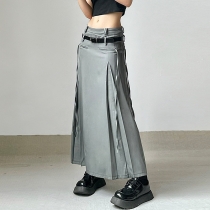 Double waist head with belt Slim mid length skirt High temperature shape setting splicing pleated tooling skirt HGMHP27879